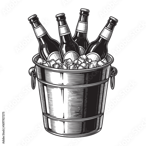 Beer Bottles in an Ice Bucket engraving vector illustration