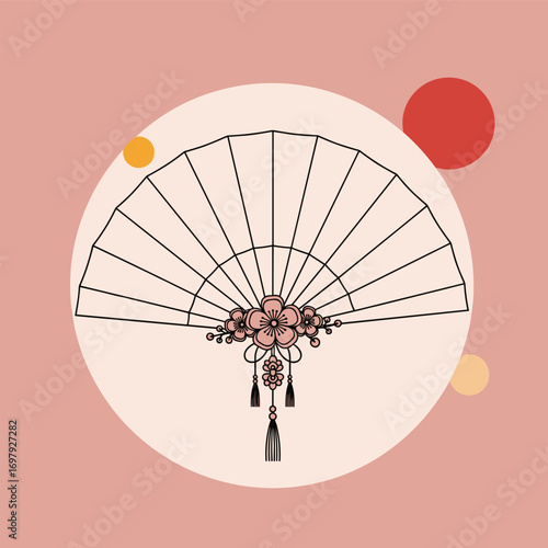 Elegant traditional asian hand fan with floral ornament and decorative tassels offering a gentle breeze on a softly colored background with circular accents