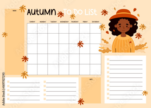 Autumn Planner with Ethnic black Girl with Fall Leaves. Female Organizer for grid Calendar Month, To-Do list, Note, memo. Seasonal Horizontal Template. Vector illustration. Kids collection. Not AI