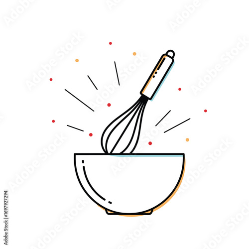Creative kitchen tools for effortless cooking and baking with a whisk in a bowl and sparkles illustration