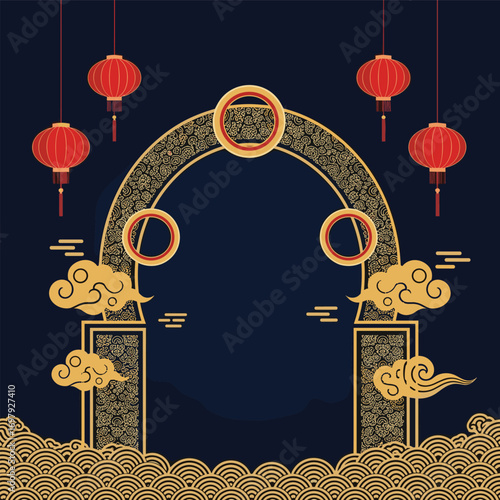Traditional chinese festival archway decorated with red lanterns and golden clouds on dark blue background pixel art style illustration