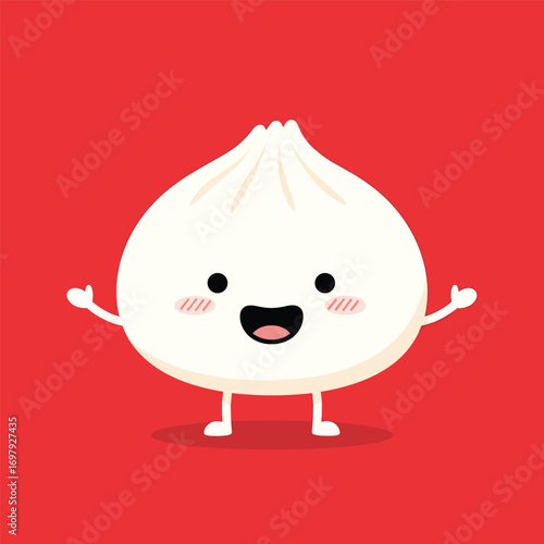 Happy steamed dumpling character with arms and legs smiling big on a red background