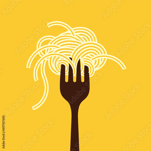 Creative image representing a delicious forkful of spaghetti twirling against a vibrant yellow background perfect for food blogs and culinary websites