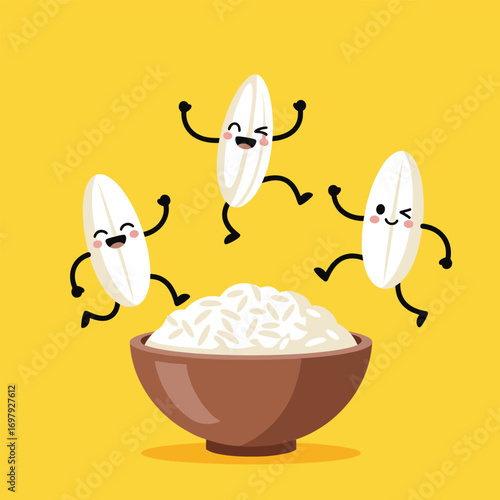 Happy dancing grains of rice celebrate above a bowl of delicious cooked rice a joyful food illustration