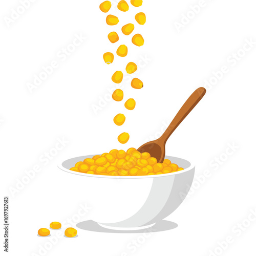 Fresh corn kernels falling into a white bowl with a wooden spoon ready for a delicious meal