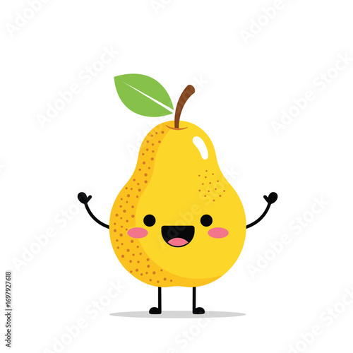 A happy cartoon pear character with arms raised and a big smile awaiting your next amazing idea