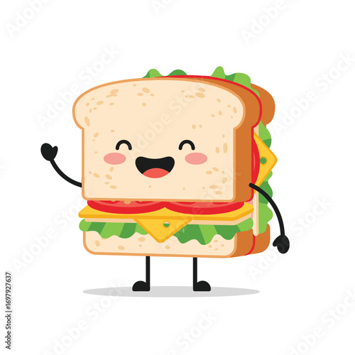 Adorable kawaii sandwich character waving hello full of delicious ingredients