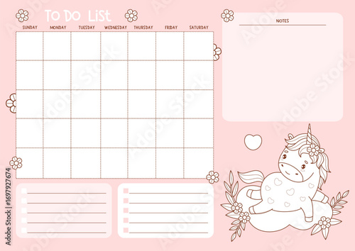 To do list. Outline Cute Unicorn on Cloud. Organizer planner for grid Month, To-Do, Note, memo. Kids horizontal Template with Little Horse. Line drawing, coloring. Vector illustration. Not AI