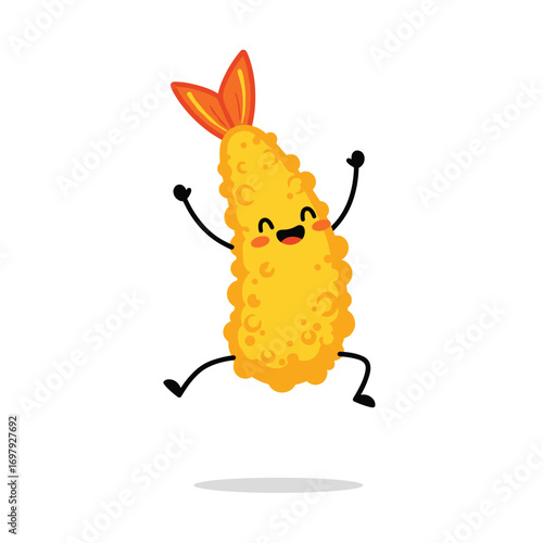 Adorable happy prawn tempura character jumping with joy in a cheerful animation