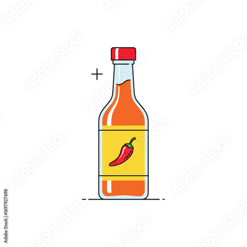 Spicy pepper sauce bottle with red chili pepper label and red cap for culinary delights