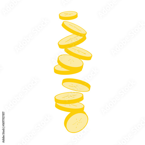 Freshly sliced ripe banana pieces falling down in a vertical line isolated on white background