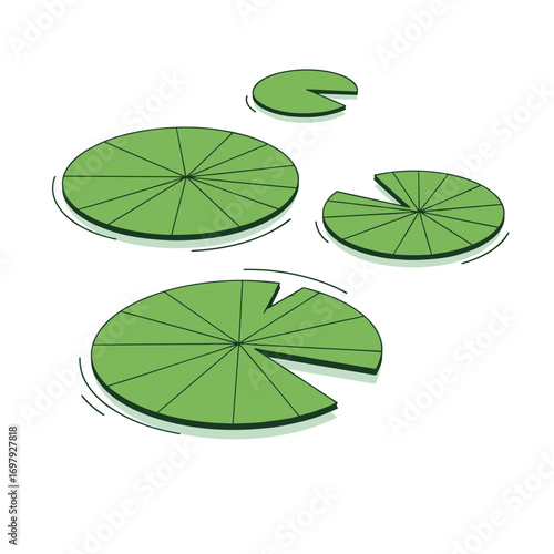 Several green lily pads floating serenely on the surface of calm water creating a peaceful natural scene