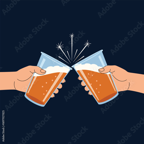 Two hands clinking glasses of frothy beer in celebration and good cheer
