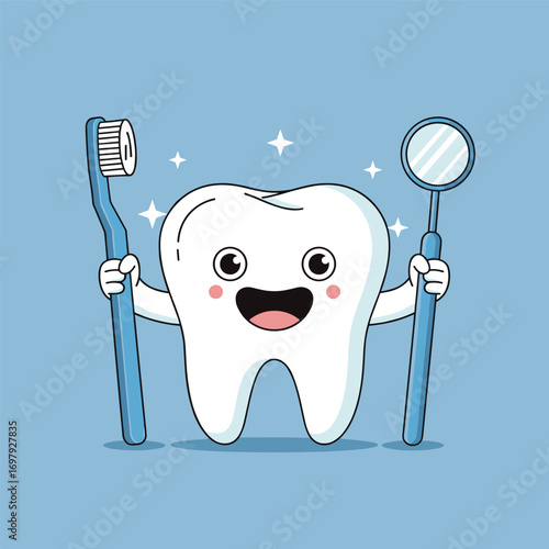 Happy cartoon tooth character holding a toothbrush and dental mirror for oral hygiene