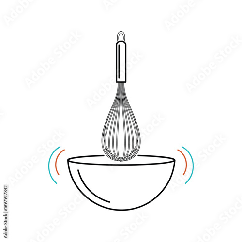 A whisk stirring ingredients inside a bowl with waves of motion indicating action