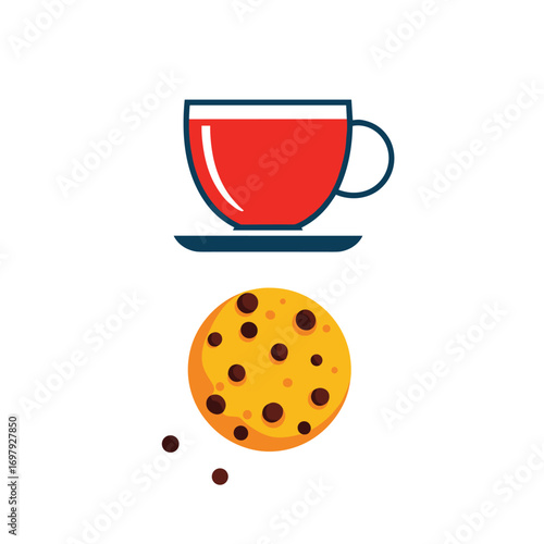 A simple red cup of hot beverage resting on a saucer above a chocolate chip cookie with some crumbs scattered around it