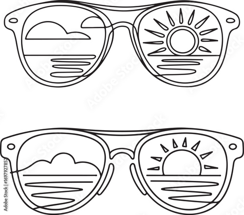 Continuous line art of sunglasses with reflection of sun abstract summer outline vector illustration