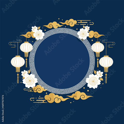 Elegant chinese traditional circular border with peony flowers clouds and lanterns for festive celebrations
