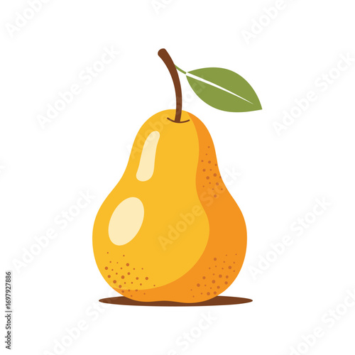 A ripe yellow pear with a green leaf and a stem against a white background