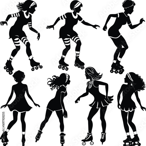 Silhouettes of women rollerblading in various poses and outfits