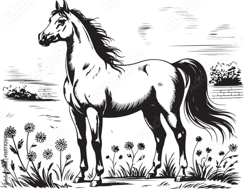 engraving vintage Horse on Grass vector art illustration, old vintage Horse design.