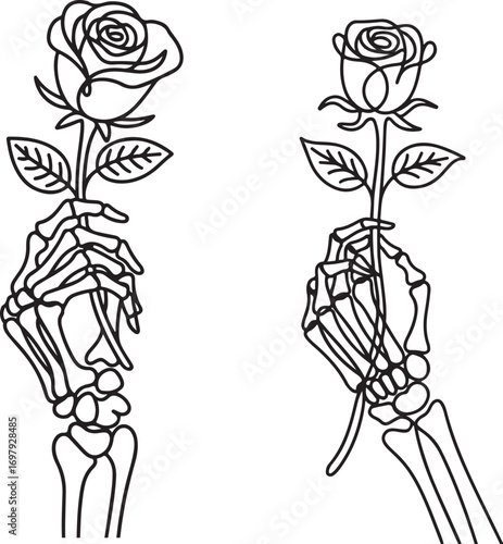 Continuous line art of skeleton hand holding a rose abstract gothic Halloween minimal vector illustration