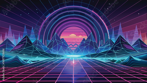 Synthwave landscape illustration featuring geometric mountains gridded floor and circular neon elements in a retro futuristic aesthetic
