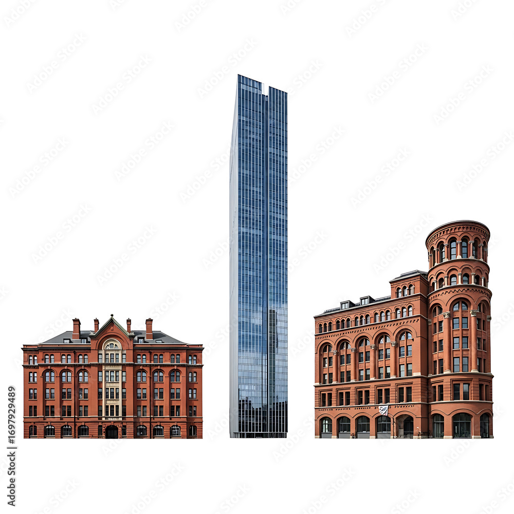 Fototapeta premium Modern skyscraper stands between two historic brick buildings