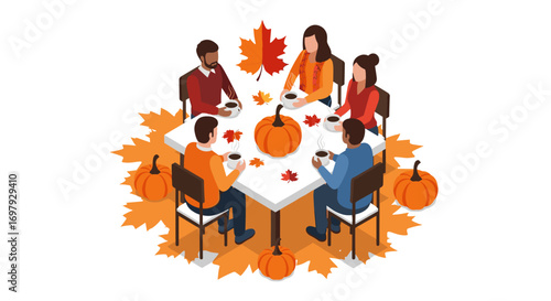Friends gathering together around a square table enjoying warm beverages during autumn season surrounded by leaves and pumpkins