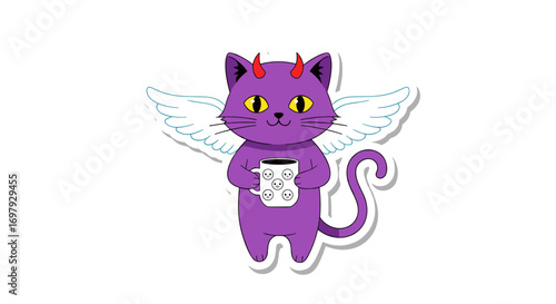 Cute purple devil cat with wings holding a coffee cup illustration for stickers