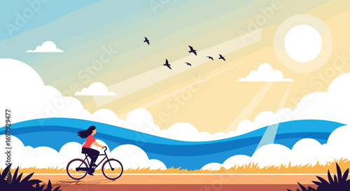 A person rides a bicycle along the coast under a bright sunny sky with fluffy clouds and birds flying overhead