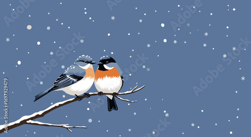 Two birds perched together on a snowy winter branch serene snowy landscape