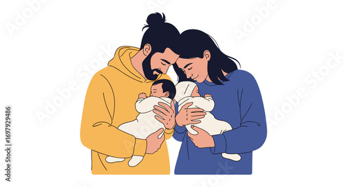 Adorable mother and father lovingly holding their newborn twins in a warm embrace surrounded by tenderness