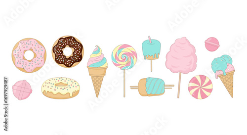 A collection of delicious sweet treats and desserts with colorful frostings and toppings