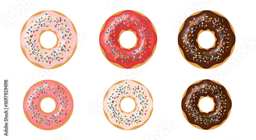 Six delicious colorful frosted donuts with sprinkles arranged in two rows for a sweet treat illustration