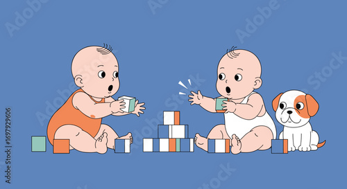 Two adorable babies playing together with building blocks and a cute puppy friend