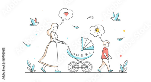 A mother walking with her children and a baby stroller on a sunny day surrounded by nature and love