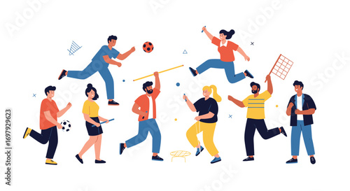 Active people engaged in various sports and recreational activities enjoying outdoor games and fun together