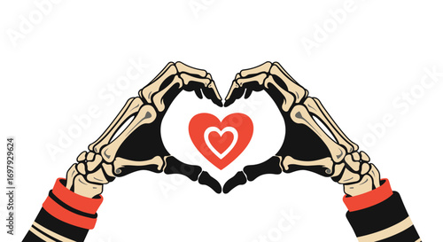 Skeleton hands forming a heart shape with a red heart inside a white background