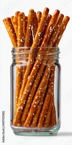 Salted pretzel sticks in glass jar on white background