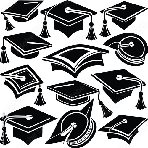 Graduation caps and books in black and white vector graphics