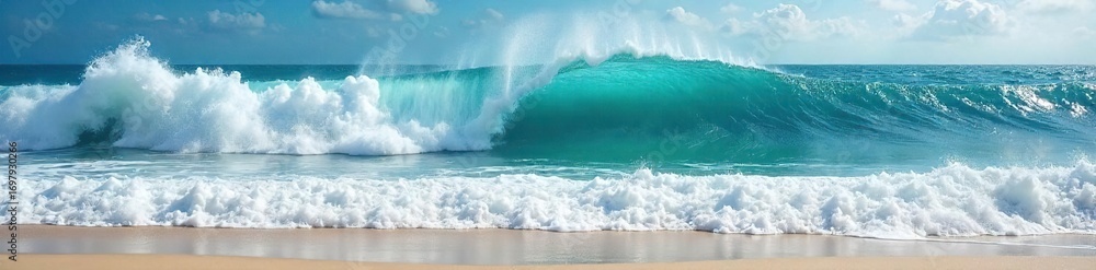 Fototapeta premium Epic ocean waves crashing on a pristine beach, creating a mesmerizing display of nature's power and beauty Perfect for travel, nature, or surfing themed projects , clouds, energy, dramatic