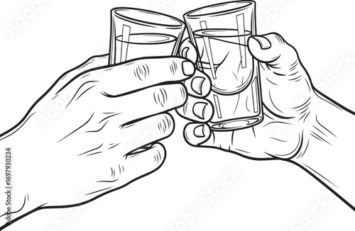 Line art drawing of two hands clinking shot glasses in a toast cheers celebration