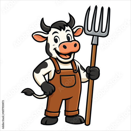 Cute cartoon cow farmer mascot set wearing brown overalls with different poses such as waving, thumbs up, holding milk bucket, pitchfork, pointing, jumping and standing, perfect for farm and dairy des
