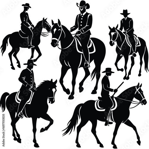 Equestrian silhouettes of cowboys riding horses in various poses