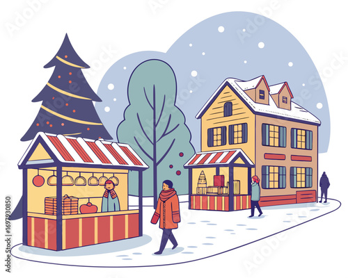 Snowy village square with glowing lights, Christmas stalls selling gifts and food, people walking under snowfall, vector festive scene illustration