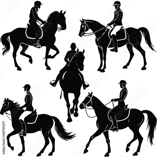 Elegant horse riders in various dynamic equestrian poses