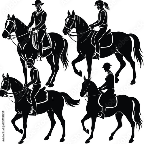 Equestrian silhouettes of riders and horses in dynamic poses