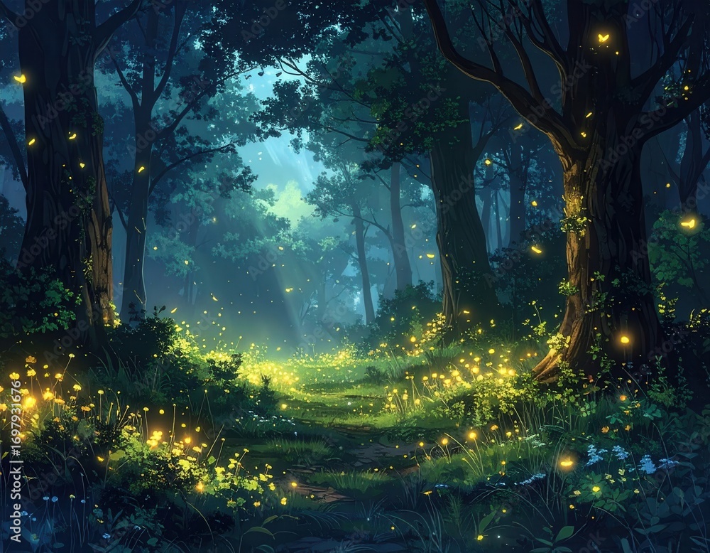 Fototapeta premium A magical forest path, illuminated by glowing fireflies, leads through lush greenery under a canopy of trees.