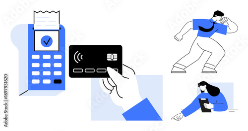 Hand holding credit card for contactless payment at terminal, two diverse professionals. Ideal for finance, technology, teamwork, e-commerce, modern lifestyle, payment processing, simple landing page